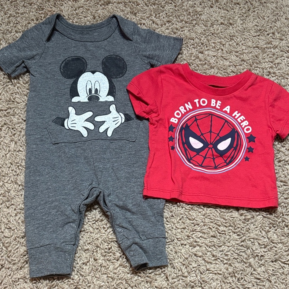 Disney Gray Mickey Mouse One Piece romper & Marvel Red Spider-Man T-Shirt Set